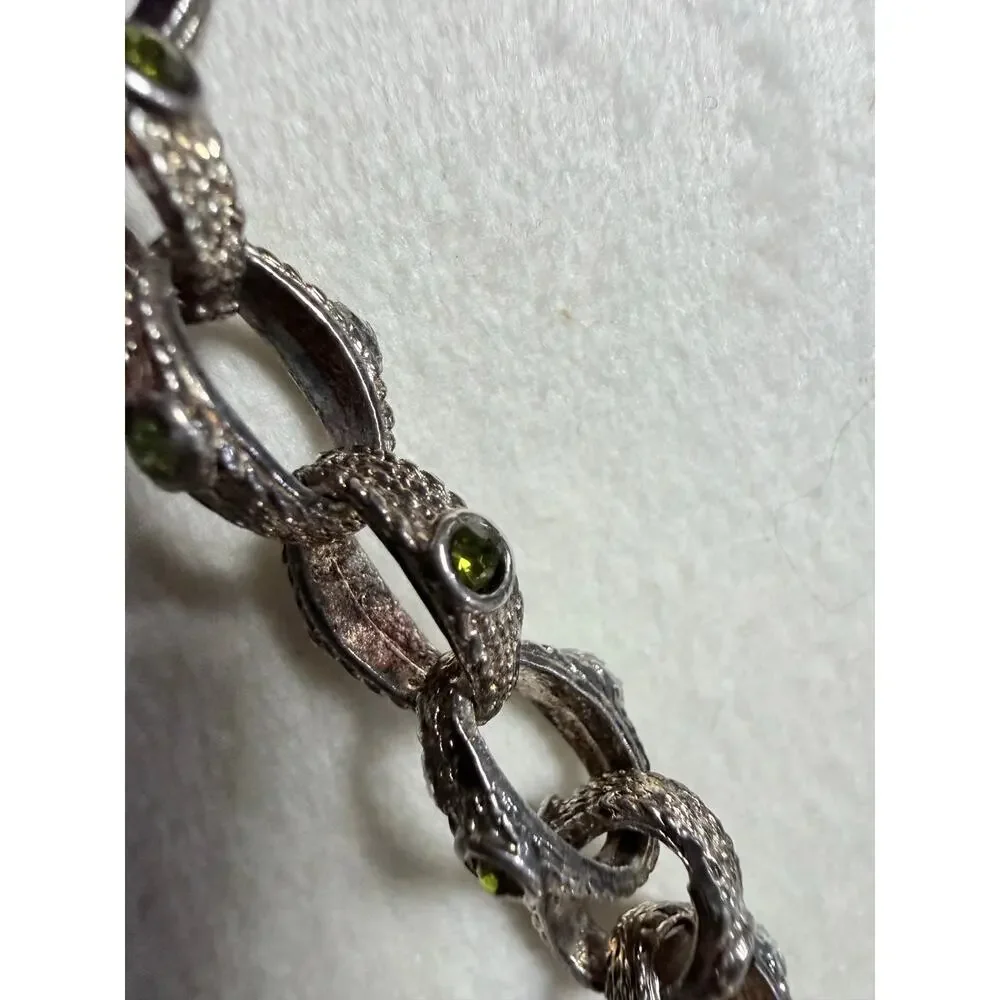 Vintage 1970s Brutalist Woodland Link Bracelet Green Rhinestones 8.5”